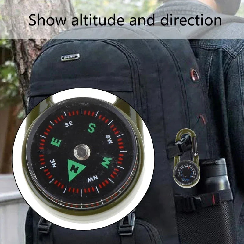 Outdoor Multifunctional Hiking Metal Carabiner Mini Compass Thermometer Keychain