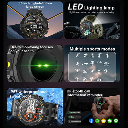 2025 New Sport Smart Watch Men 360*360 HD Screen Flashlight Health Monitoring IP68 Waterproof Heart Rate BT Call Smartwatch Man