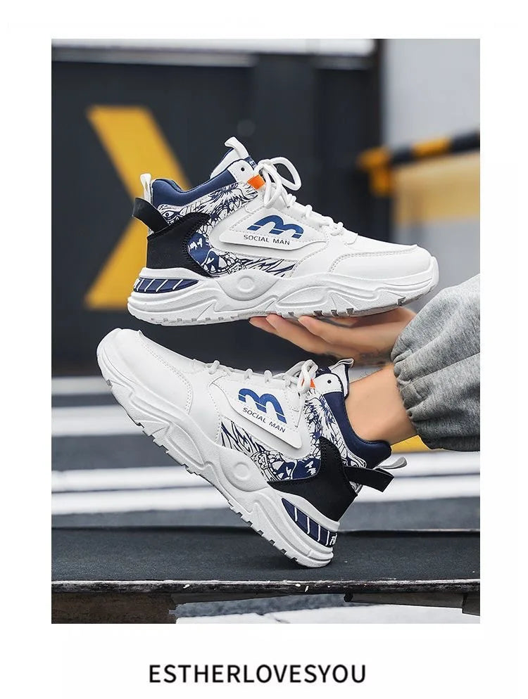 Men's Spring Breathable High Top White Sports Shoes Trendy All-Match Thick Sole Leisure Dad Sneakers