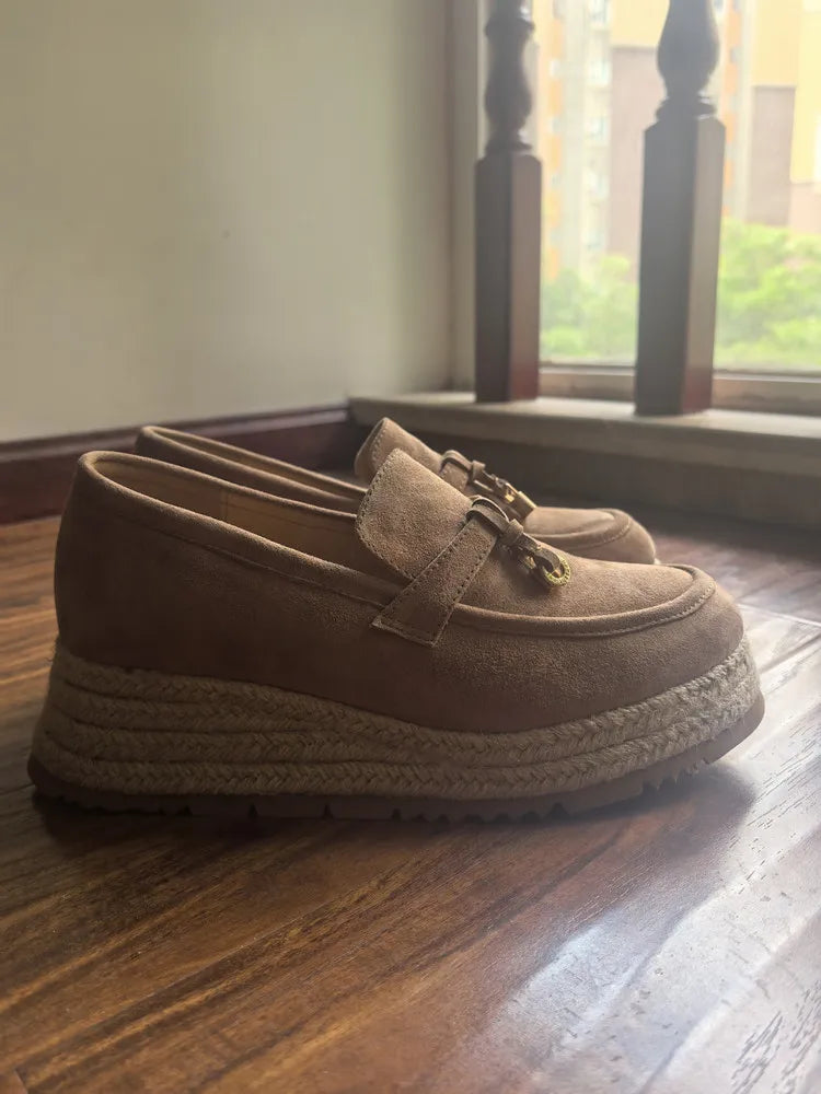 MKKHOU Fashion Loafers New High Quality Real Leather Suede Vintage Straw Braid Platform Shoes Daily Casual Light Shoes Neutral