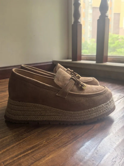 MKKHOU Fashion Loafers New High Quality Real Leather Suede Vintage Straw Braid Platform Shoes Daily Casual Light Shoes Neutral
