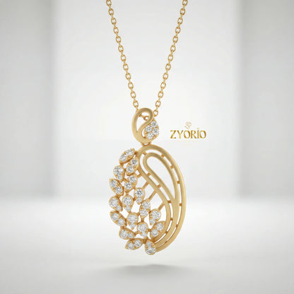 Gold Plated Link Chain Paisley Leaf Diamond Pendant with Sparkling Elegant Nature for Engagement Wedding Anniversary