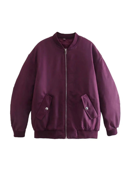 Retro Solid Zipper Cotton Jackets Women Casual Loose Bomber Jacket With Oblique Pockets Female Y2k Autumn Chic Street Outwear