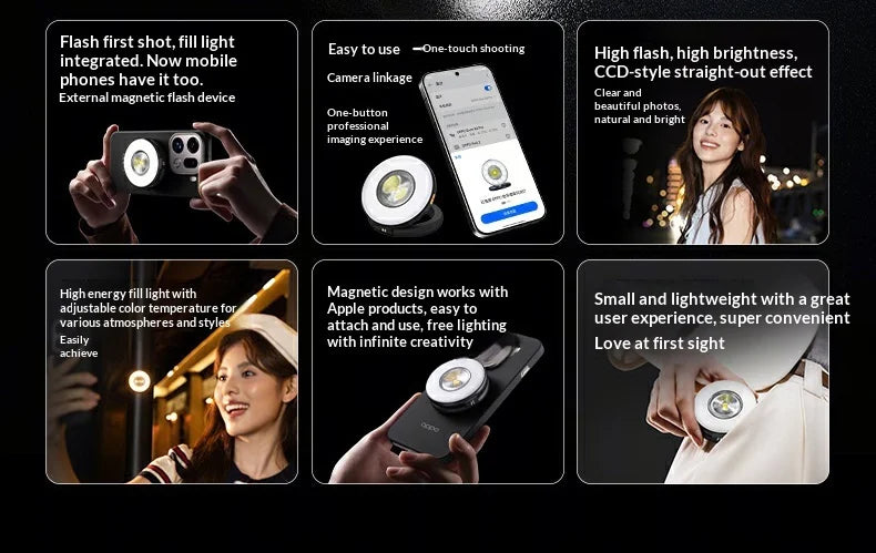 For Oppo Hasselblad Professional Magnetic Flash Light Super Brightening Unique One Click Exposure Continuous Flashing CCD Style