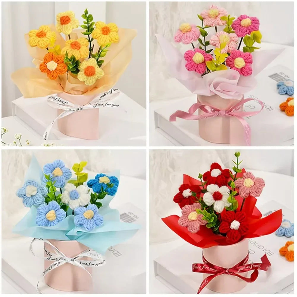DTCTK Knitted Flower Bouquet Crochet Rose Flowers Hugging Bucket Christmas Gifts Living Room Desk Decoration Valentine's Day Gif