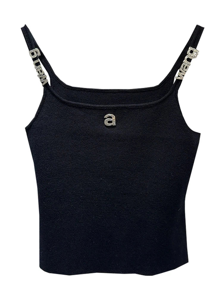 Design Sense Niche Black Beaded Letter-Printing Sleeveless Camisole Women's Summer Crop Tops Hot Girl Outer Wear Short Base Vest