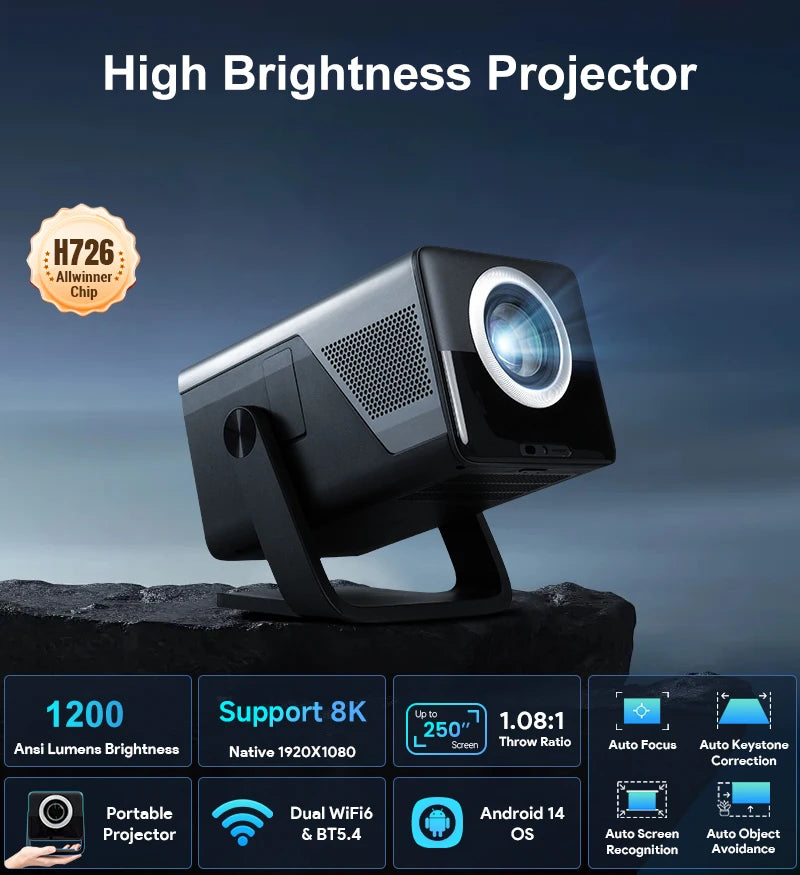 HUAWEISHI Full HD 1080P Projector 4K 1200 ANSI Android WiFi 6 Auto Focus Home Theater Projectors for Movie Meeting Video