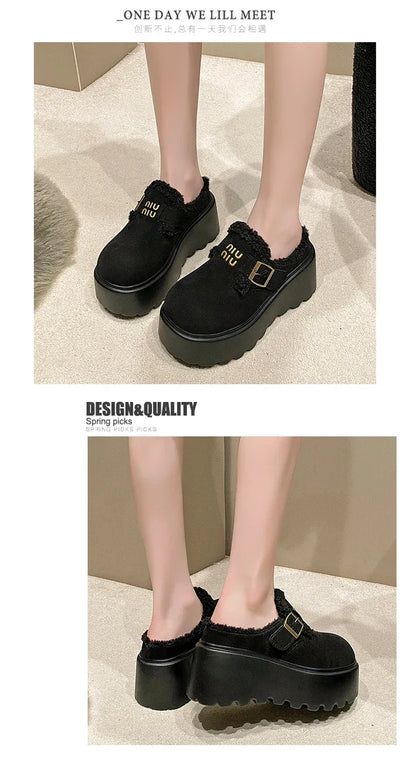 Platform High Heels Slippers Women Suede Mules Shoes Fur Warm Wedges Flip Flops 2025 Winter New Snow Boots Fashion Zapatos Mujer
