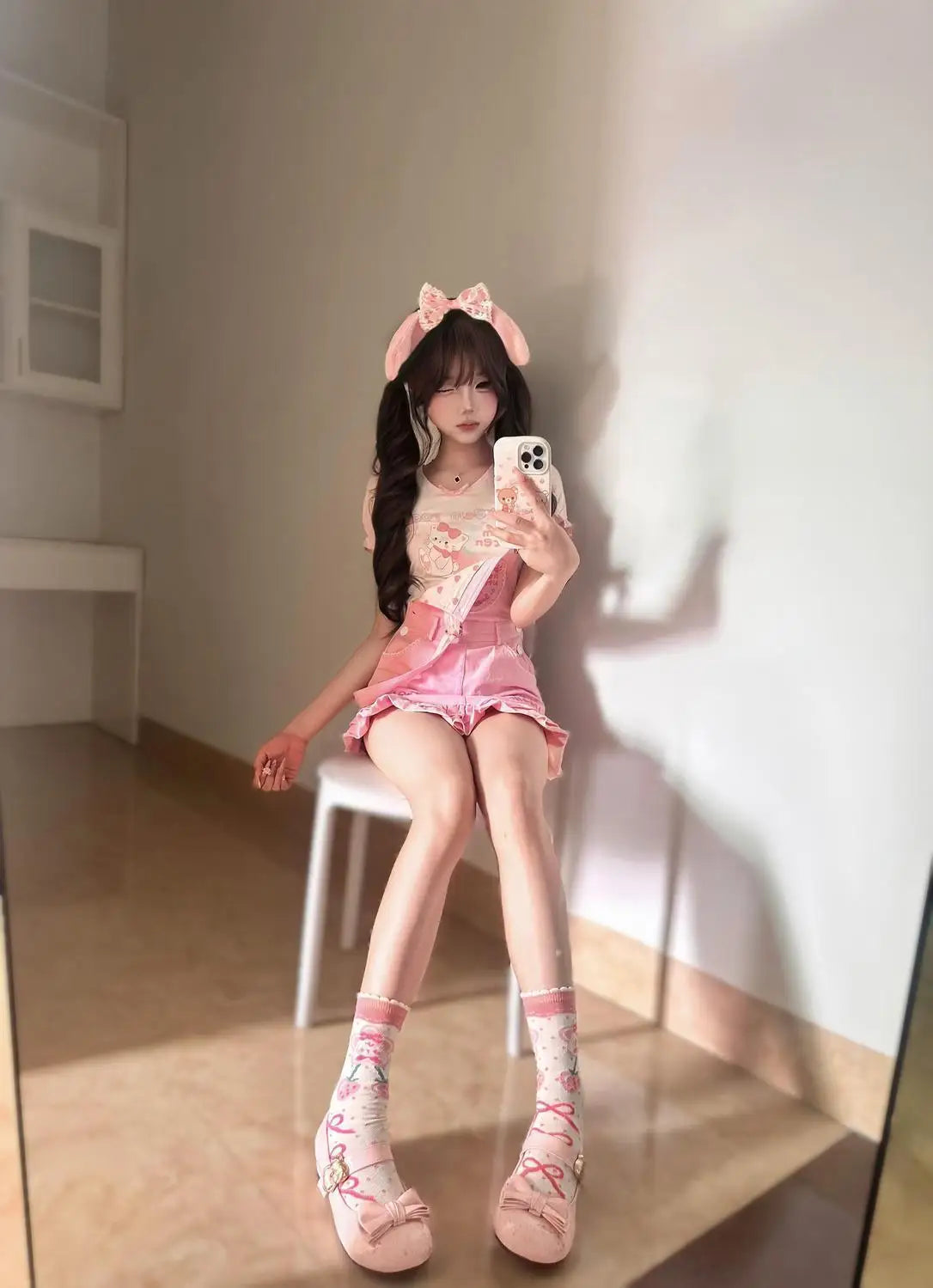 Sweet Girl Pink Overall Skirt Set Kawaii Strawberry Embroidery Ruffle Hem Cute Cartoon Print Jumper Outfit Summer Y2k Outfits