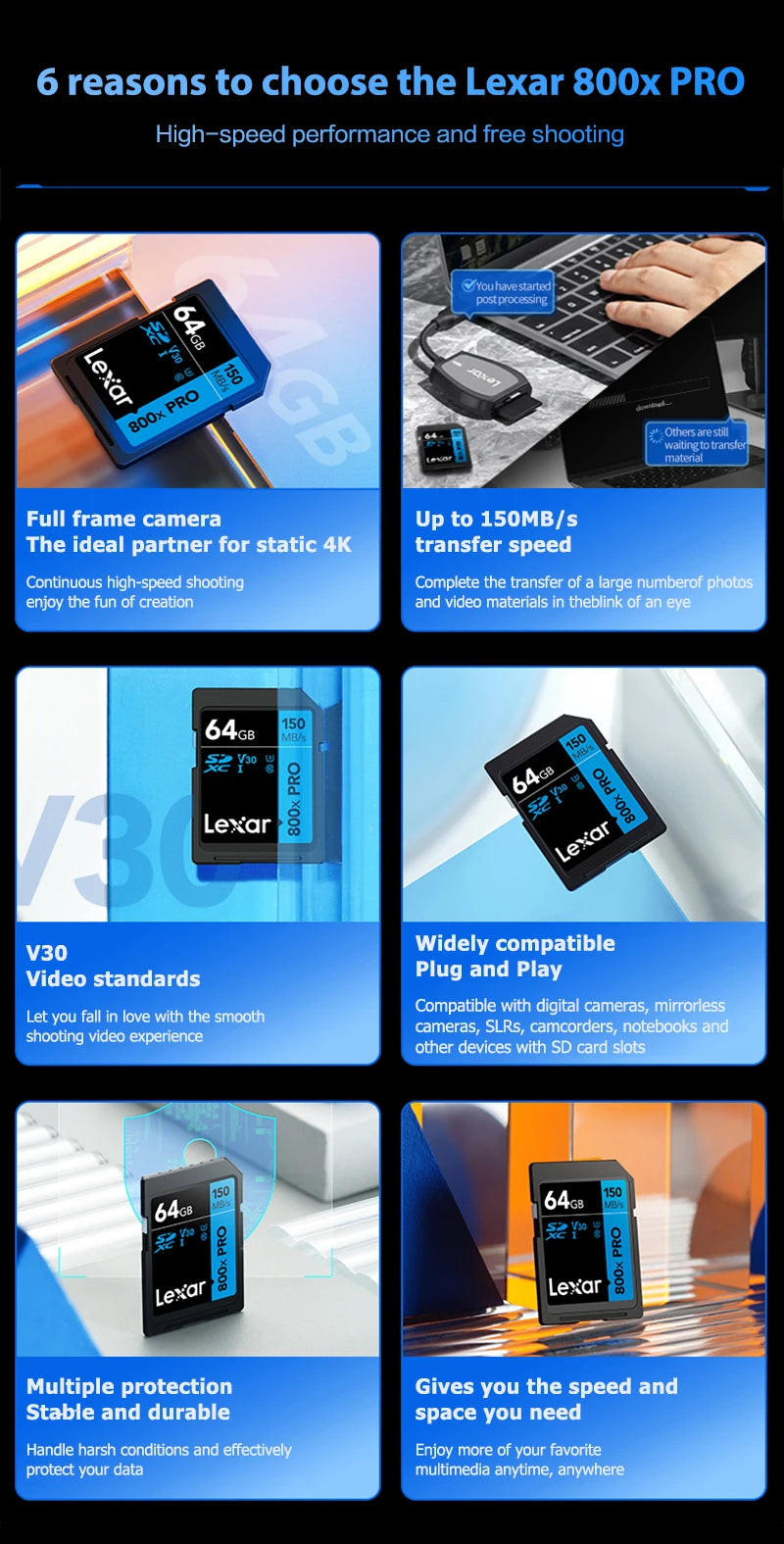 Lexar SD Card 800x Pro Read 150MB/s SDXC Flash Card 64GB 128GB 256GB V30 UHS-I SDHC 32GB Memory Card Storage Card For Camera