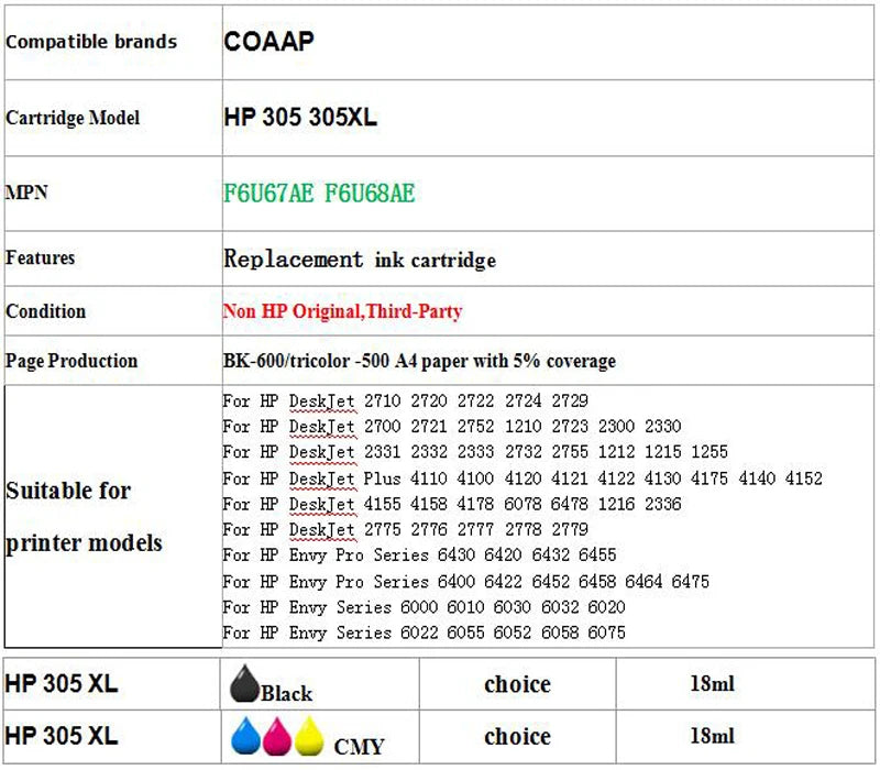COAAP 305XL Refilled Ink Cartridge Replacement for HP 305 XL HP305 DeskJet 2710 2720 4110 4120 4130 ENVY 6010 6020 6030 6420