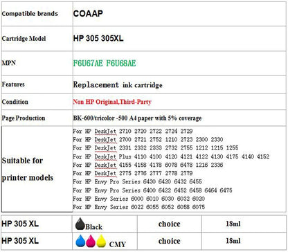 COAAP 305XL Refilled Ink Cartridge Replacement for HP 305 XL HP305 DeskJet 2710 2720 4110 4120 4130 ENVY 6010 6020 6030 6420