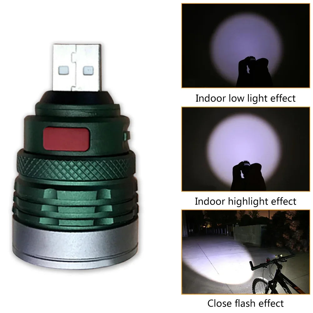 Lampe torche USB mini en alliage d'aluminium, lumière LED puissante, éclairage d'appoint pour le camping, la pêche et la randonnée.