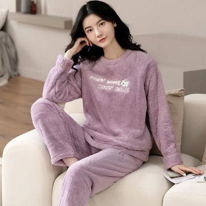 Women Pajamas Autumn Winter Flannel Warm Woman Sleepwear Korean cute Cartoon Pajama Set Fashion Pijama Mujer Home Cloth Pyjamas