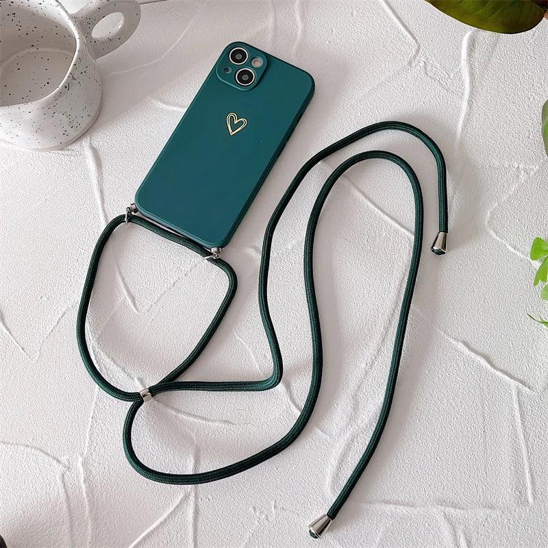 Crossbody Lanyard Silicone Phone Case For iPhone 15 14 11 12 13 Pro Max Mini 8 7 6 Plus 10 X Xr Xs Max SE 2020 Love Heart Cover