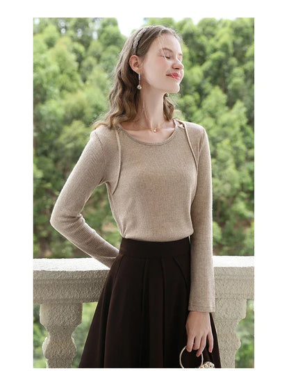 I BELIEVE YOU T-shirts for Women 2024 Autumn New Khaki Flash Silver Fake Two Long Sleeve Fashion Lady Bottom Sweaters 2243015763