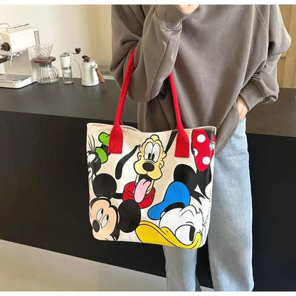 Cartoon Mickey Tote Bag Canvas Bag with Goofy Pattern Shoulder Bag Fashion Travel Large Capacity Canvas Bag Women Shopping Use