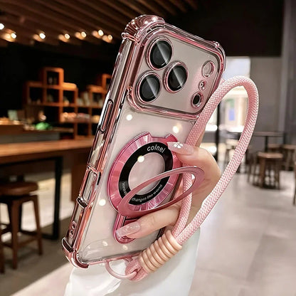 Luxury Transparent Magnetic Stand Plating Phone Case For iPhone 18 Pro Max 17 Pro 16 15 14 Plus 13 12 11 With Soft Lanyard Cover