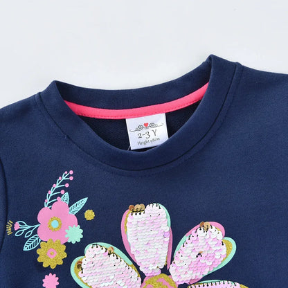 DXTON Autumn Winter Girls Clothing Flower Sequined Long Sleeve Children Sweater Dresses Mesh Patchwork Princess Cotton Dresses