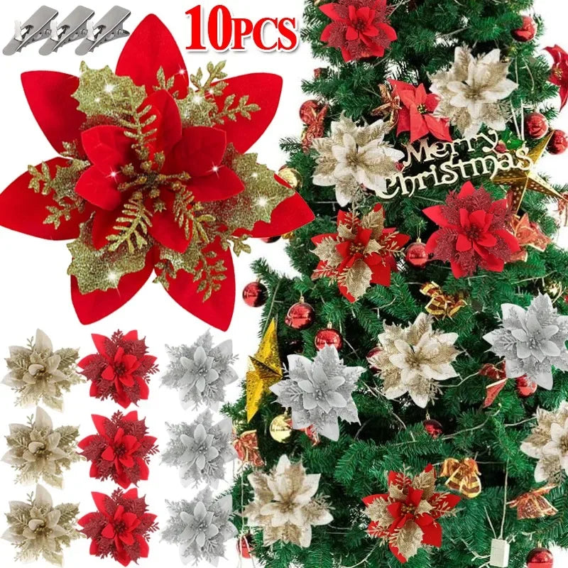 10/1Pc Christmas Glitter Artificial Flowers DIY Christmas Tree Hanging Ornaments Fake Flower For Xmas New Year Party Decor Gifts
