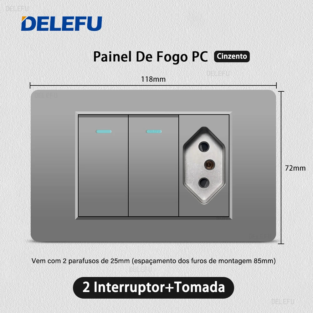 DELEFU Grey PC Panel Brazil Standard Wall Power Socket Double USB Type C Outlet Light Switch Home Office Electrical Plug 10A 20A