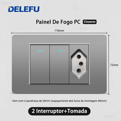 DELEFU Grey PC Panel Brazil Standard Wall Power Socket Double USB Type C Outlet Light Switch Home Office Electrical Plug 10A 20A