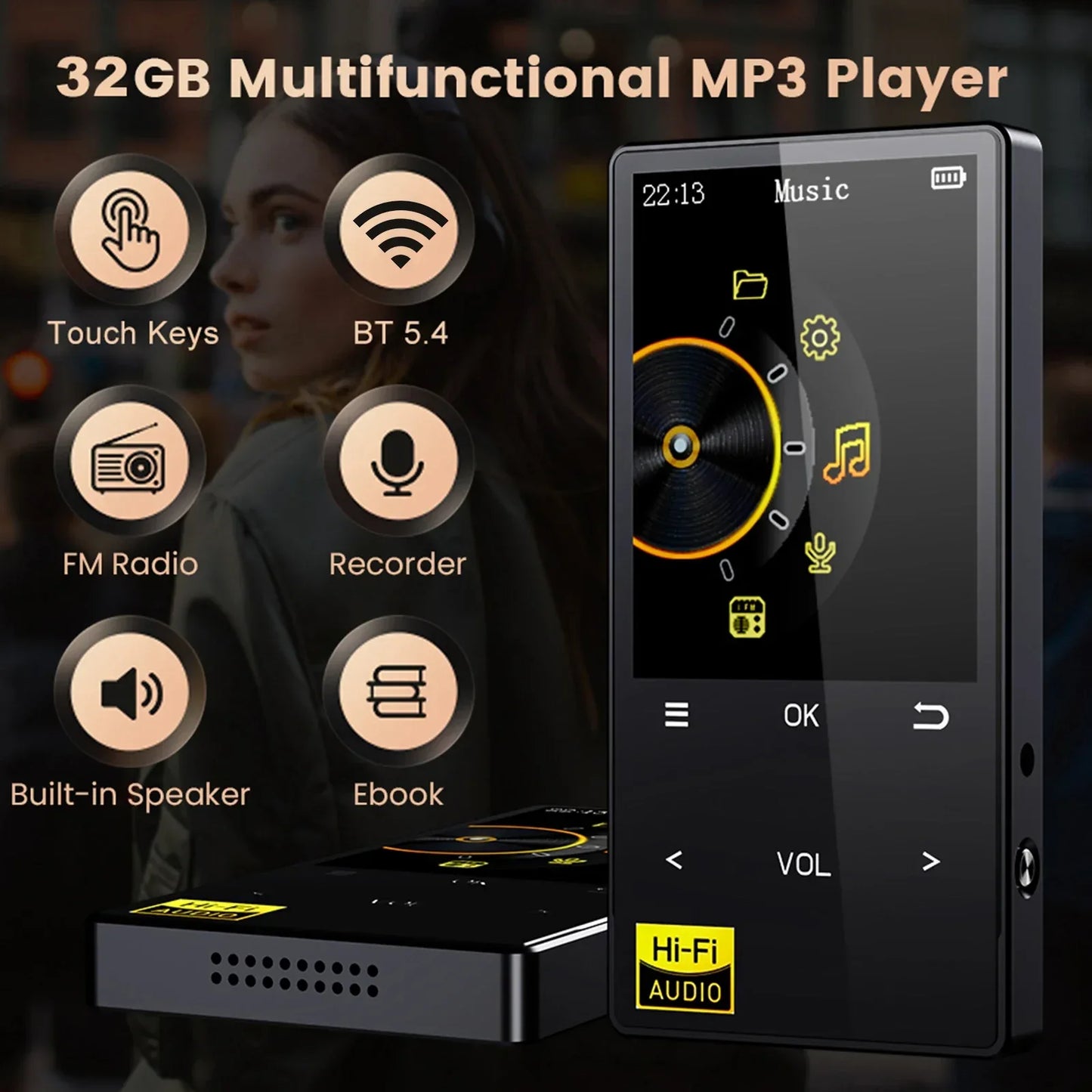 Hi-Fi MP3 Player with Bluetooth and WiFi Lossless DSD High Definition Portable Hi-Fi Digital Audio Music Player Voice Recorder