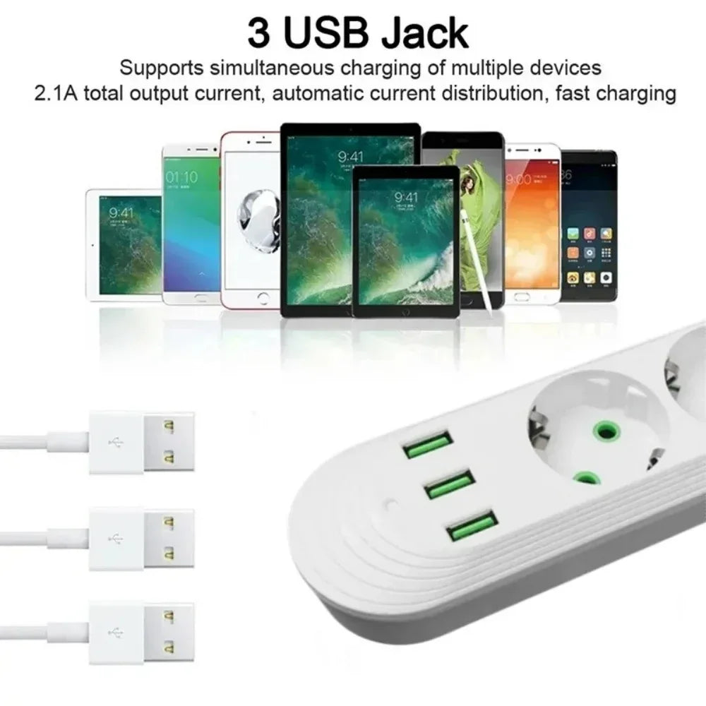 EU Power Socket 2m Cable 3USB Jack 3/4/5 Holes 2500W Power Strip AC Outlet with Extension Cord Max 2.1A Charging Adapter Socket