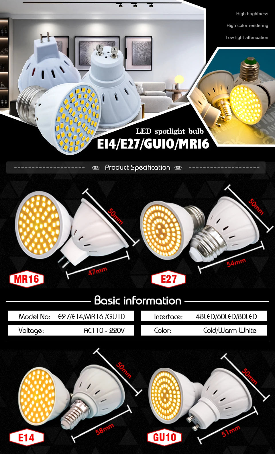 1-10PCS GU10 MR16 E14 E27 Spotlight Lampada LED Bulb AC110V 220V Bombillas Spot Light Replace The Halogen Lamp Home Derection