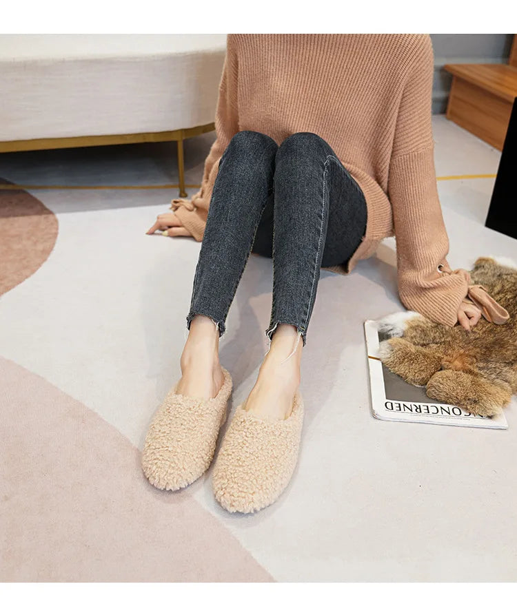 Big Size 43 Women Lambswool Slippers Winter Sheep Fur Shoes Ladies Flat Cotton Slides Home Pantuflas Daily Slip On Furry Mules