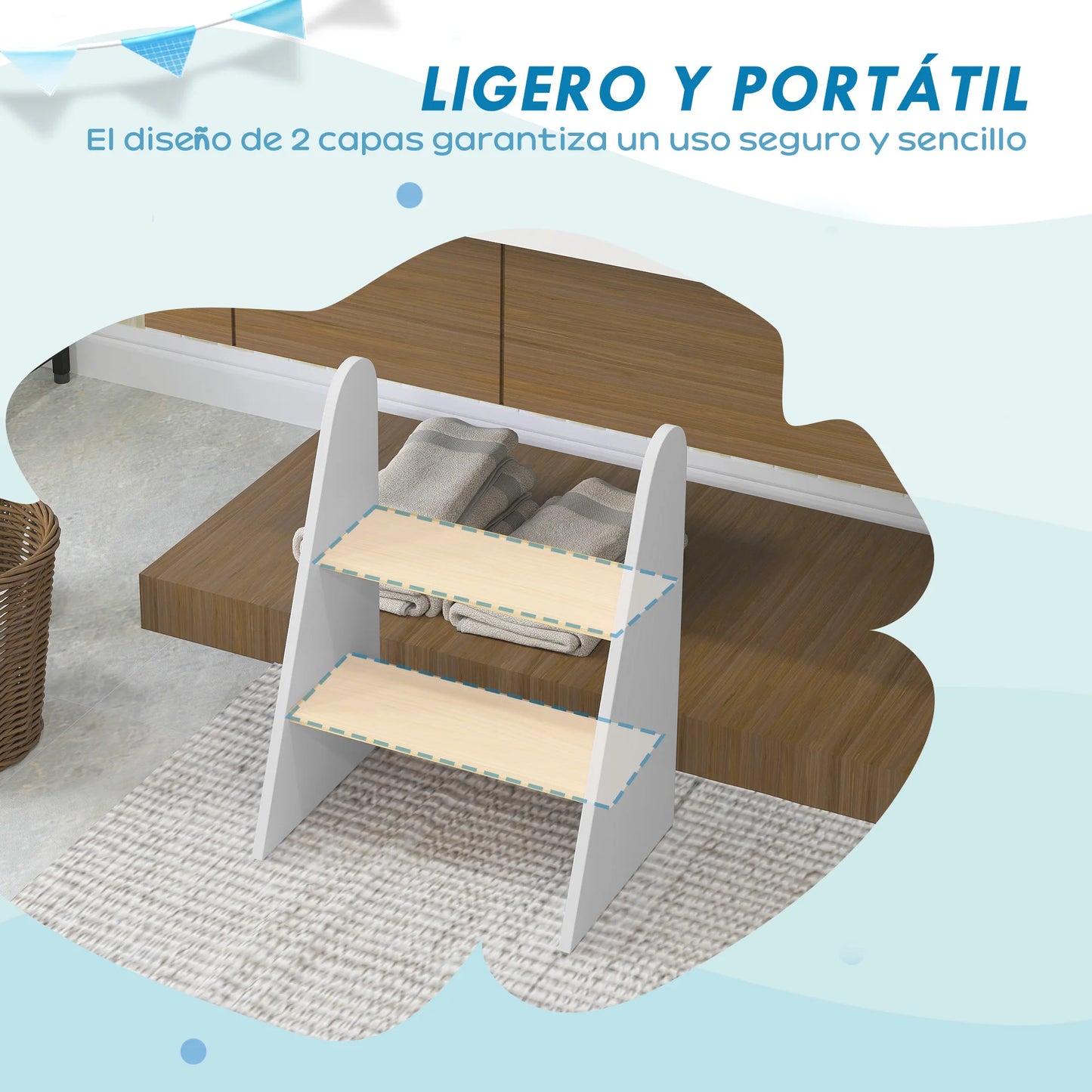 Aiyaplay Stool for Children with 2 Steps +3 Years for Bathroom Kitchen White