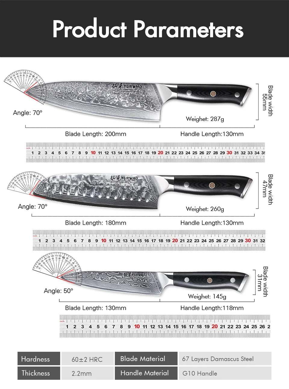 TURWHO 1PC-3PCS Professional Kitchen Knives Set Utility Santoku Chef Knife Japanese 67 Layer Damascus Steel G10 Handles Gift Box