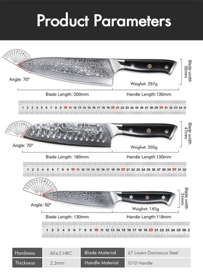 TURWHO 1PC-3PCS Professional Kitchen Knives Set Utility Santoku Chef Knife Japanese 67 Layer Damascus Steel G10 Handles Gift Box