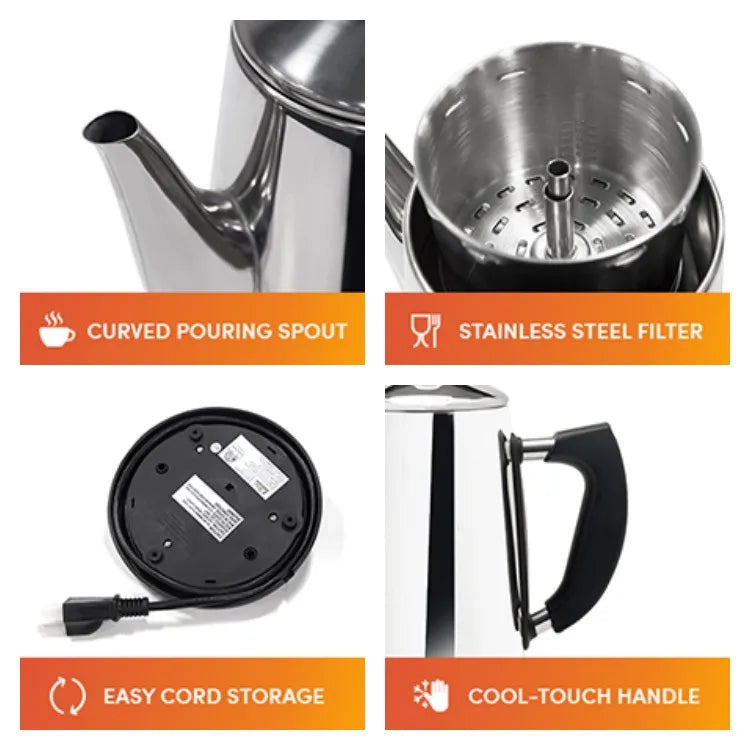 1.8L Electric Coffee Percolator 12 Cup Stainless Steel Coffee Pot with Keep Warm Function Reusable Filter Basket Coffee Maker