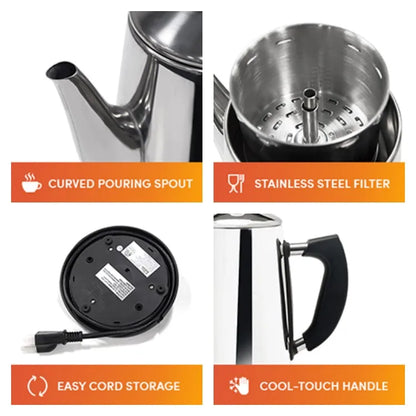 1.8L Electric Coffee Percolator 12 Cup Stainless Steel Coffee Pot with Keep Warm Function Reusable Filter Basket Coffee Maker