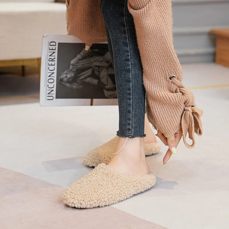 Big Size 43 Women Lambswool Slippers Winter Sheep Fur Shoes Ladies Flat Cotton Slides Home Pantuflas Daily Slip On Furry Mules