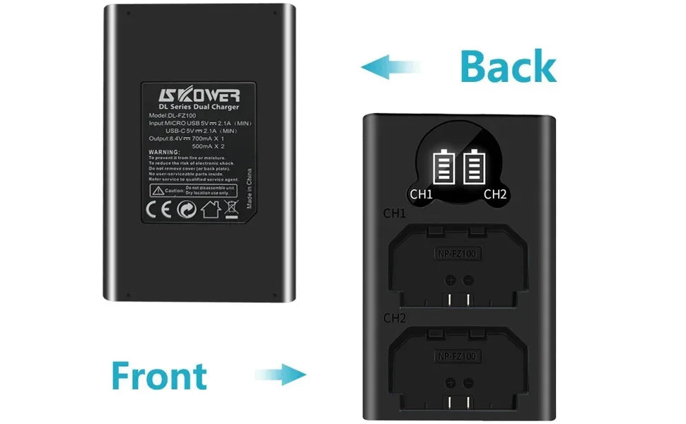 Dual Camera Battery Charger for Sony NP-FW50 FZ100 BX1 Canon LP-E6 E8 E17 NB-13L fuji NP-W235 W126 Nikon EN-El15 EL25 Panasonic