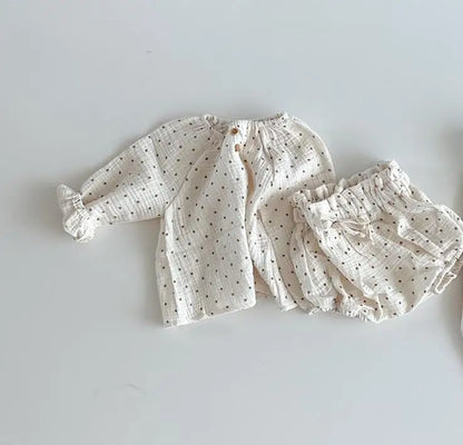 2024 Spring Newborn Floral Print Cotton Long Sleeve Tops+Shorts 2pcs Boy Girl Baby Loose Dots T-shirt Set Thin Infant Tees Suit