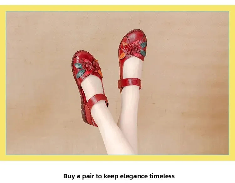 New 2025 Ladies Flat Sandals Soft Leather Anti-Slip Bottom Ethnic Style Comfortable Soft Surface Design for Elderly People