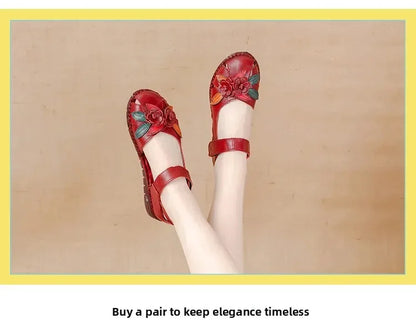 New 2025 Ladies Flat Sandals Soft Leather Anti-Slip Bottom Ethnic Style Comfortable Soft Surface Design for Elderly People