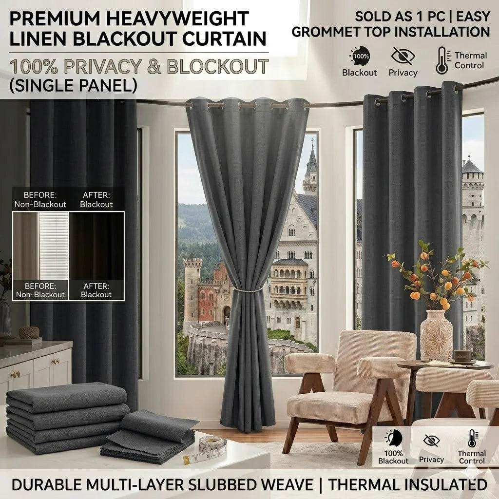 Jinchan Single Panel Faux Linen Blackout Curtain, Metal Grommet Top Room Darkening Drapes, Thermal Insulated Shield(Grey/Beige)