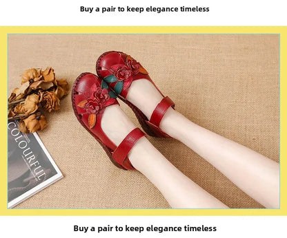 New 2025 Ladies Flat Sandals Soft Leather Anti-Slip Bottom Ethnic Style Comfortable Soft Surface Design for Elderly People