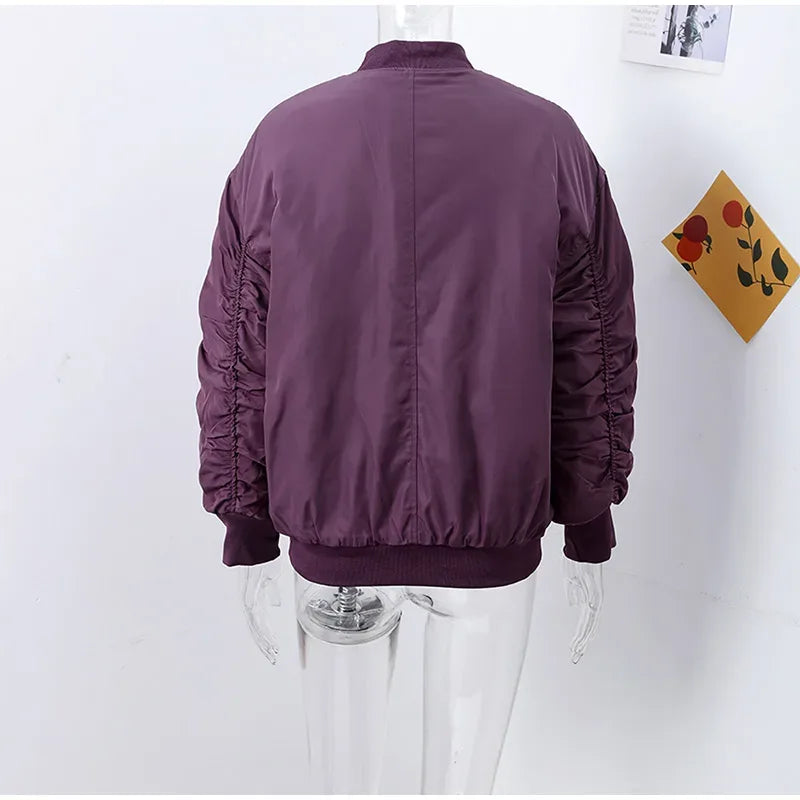 Retro Solid Zipper Cotton Jackets Women Casual Loose Bomber Jacket With Oblique Pockets Female Y2k Autumn Chic Street Outwear