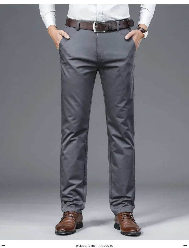 Autumn Classic Style Men's Beige Business Straight Casual Pants Stretch Cotton High Waist Solid Brand Trousers Khaki Green Black
