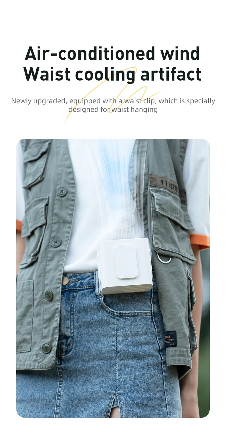 Vissko Outdoor Waist Mounted Fan Polymer Battery Anti Drop Shock Absorption USB Portable with Bladeless Hanging Neck Fan