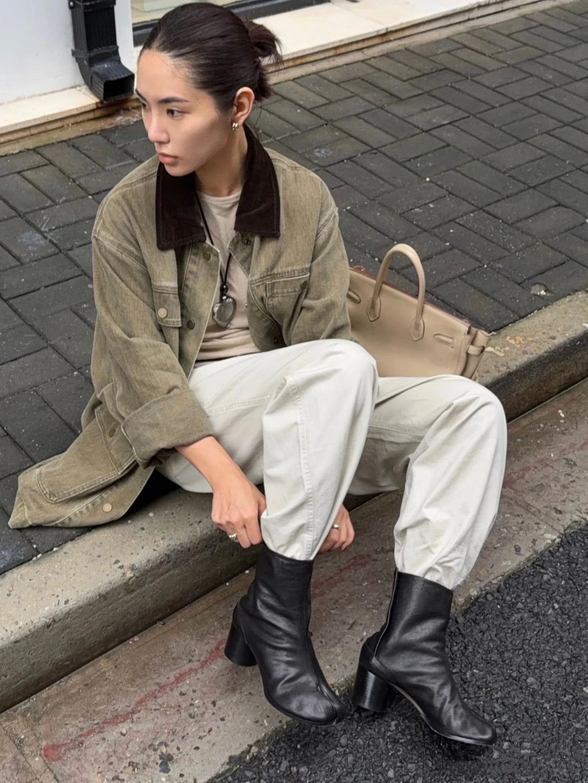 Leather Split Toe Tabi Boots For Women Chunky High Heels Women Shoes Ankle Boots Black Fashion Brand Designer Botas Mujer