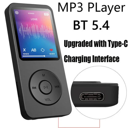 MP3 Player Portable Music Player Bluetooth 5.4 Music Stereo Player 1.8 inch Screen Support FM Radio E-Book Recording