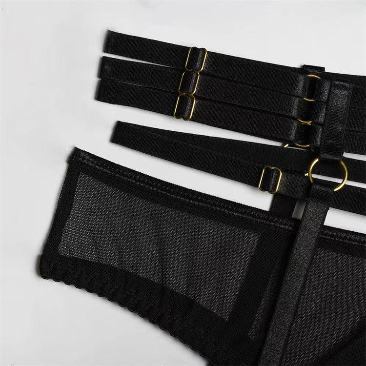 Comeondear Women Suspender Elastic Strap Intimate Underwear Black Plus Size Lingerie Belt Briefs Sexual Mesh Garter Bra Panties