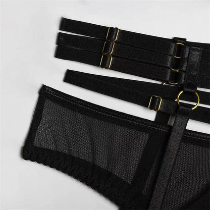 Comeondear Women Suspender Elastic Strap Intimate Underwear Black Plus Size Lingerie Belt Briefs Sexual Mesh Garter Bra Panties
