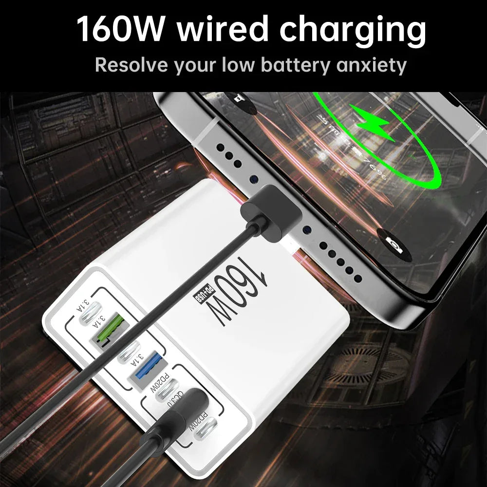 160W 7 Ports USB Charger USB Type C Wall Charger Adapter For Xiaomi iPhone Samsung POCO EU/US Plug USB PD Travel Chargers Socket